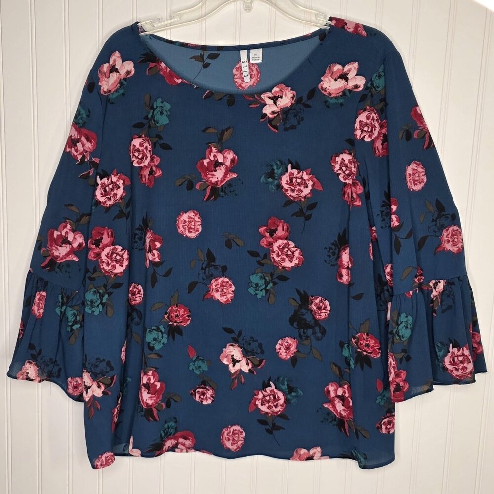 Elle Blouse Womens XL Blue Floral Bell Sleeve Pullover Top Pink Teal Rose Print